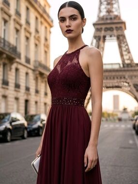 Mori Lee Size 10 Burgundy Lace Beaded Halter Neck Chiffon Formal Maxi Gown Dress